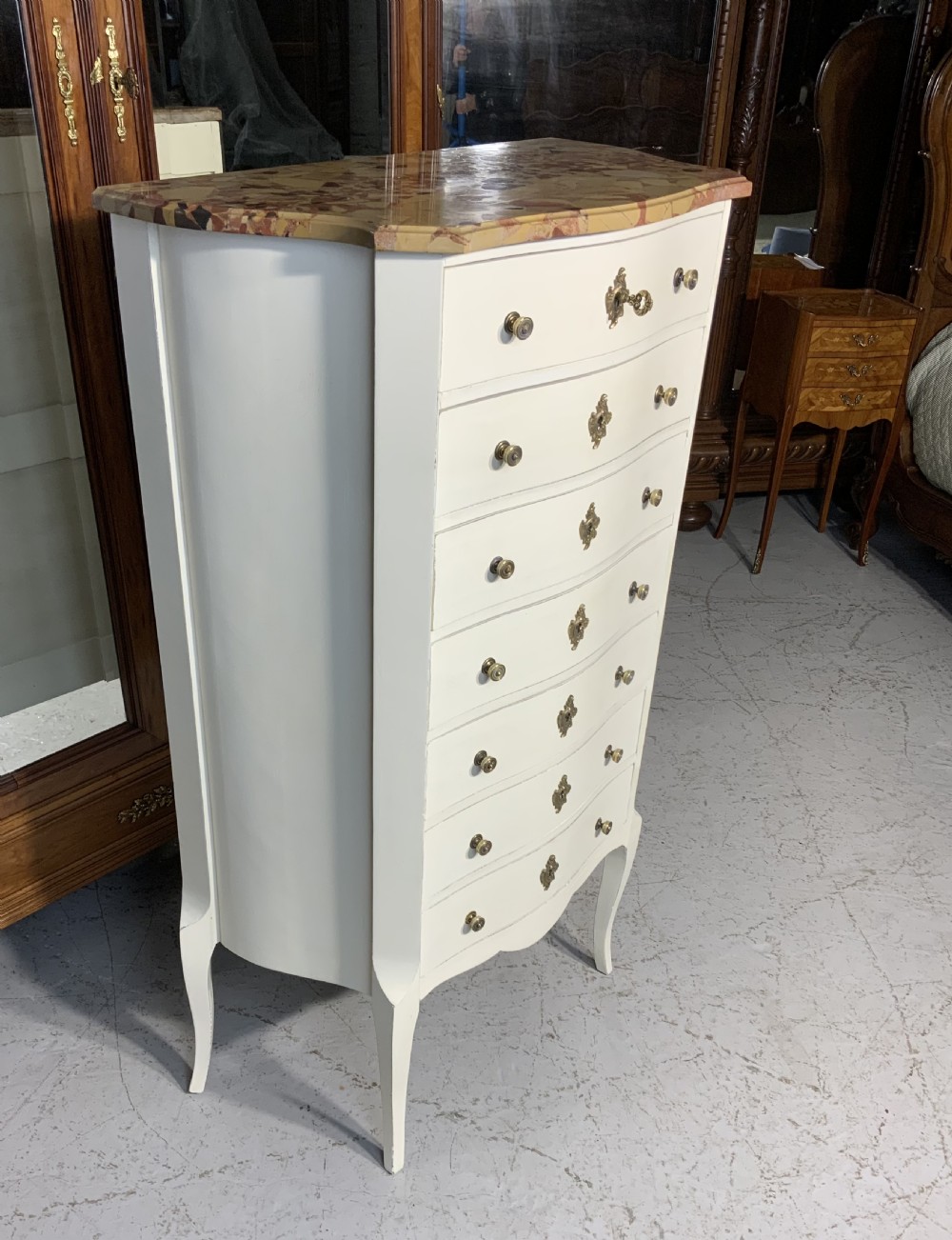 PAINTED FRENCH SEMANIER CHEST OF DRAWERS WITH MARBLE TOP View II
