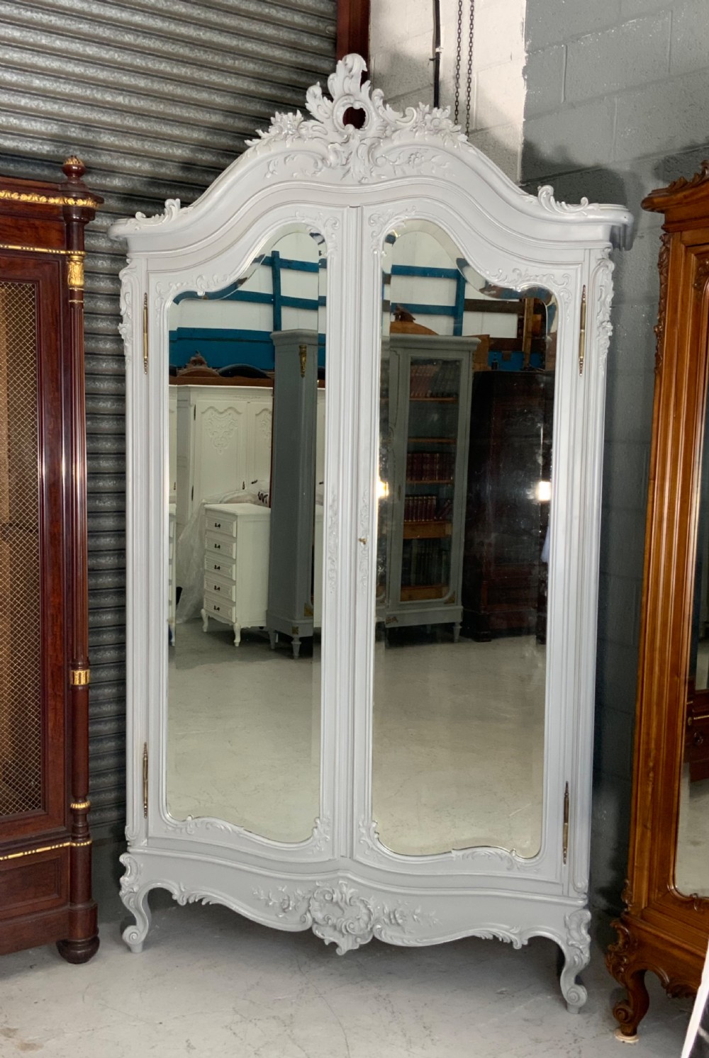 OVERSIZED CARVED WALNUT FRENCH ARMOIRE IN PLUMMET GREY