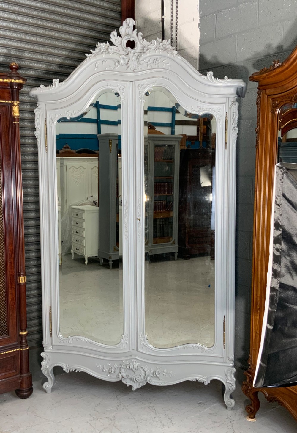 OVERSIZED CARVED WALNUT FRENCH ARMOIRE IN PLUMMET GREY View II