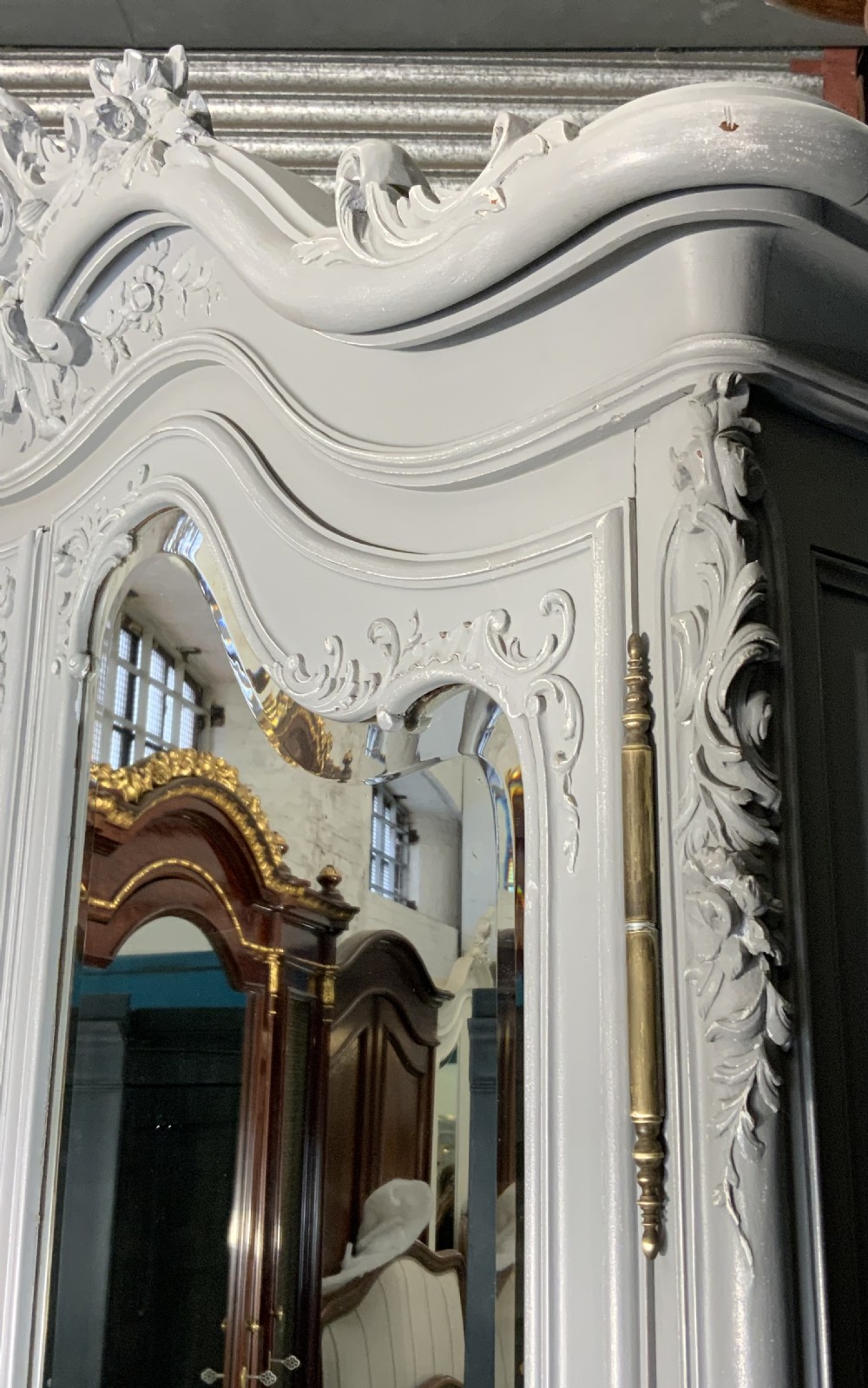 OVERSIZED CARVED WALNUT FRENCH ARMOIRE IN PLUMMET GREY View VI