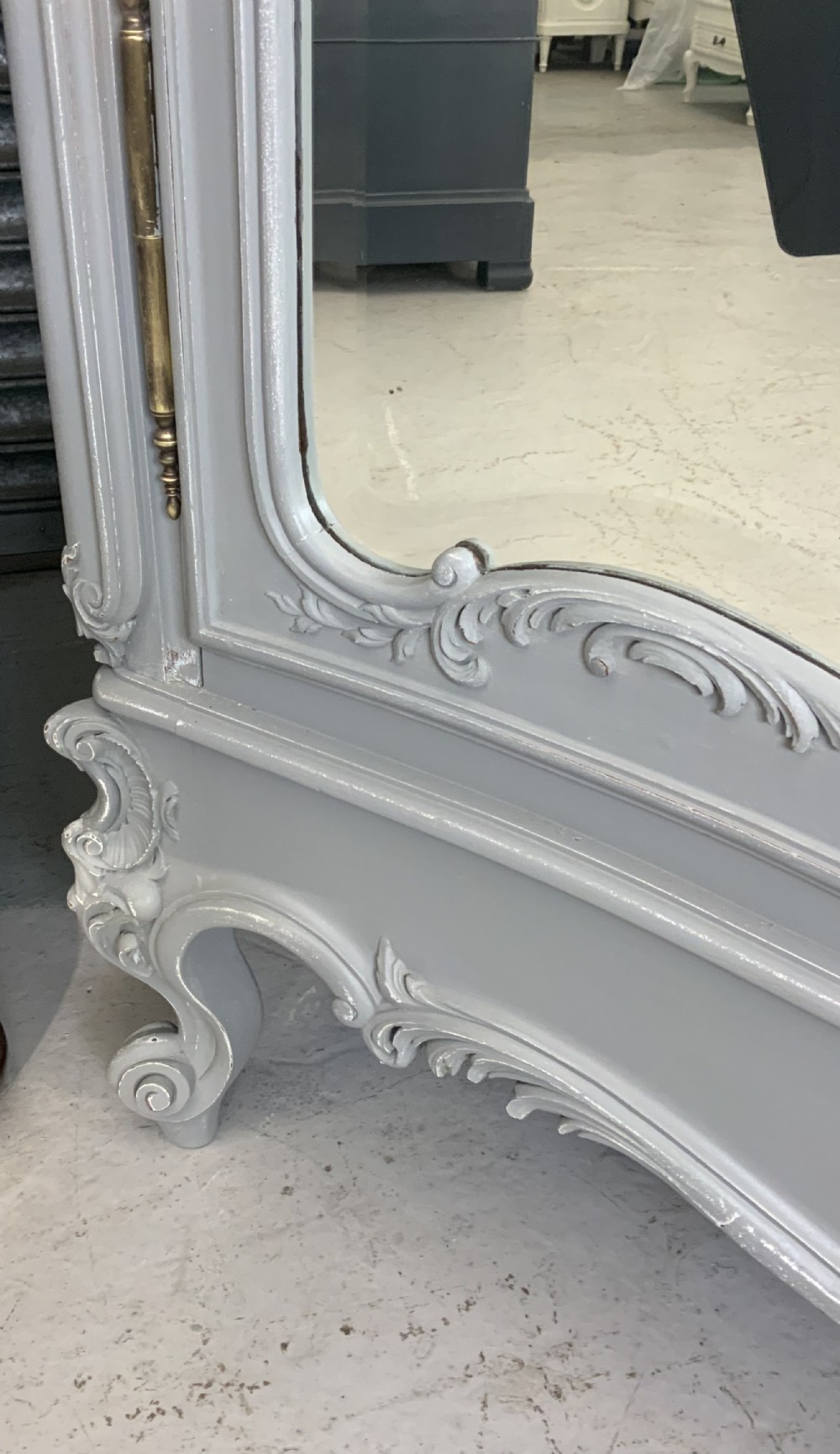 OVERSIZED CARVED WALNUT FRENCH ARMOIRE IN PLUMMET GREY View IX