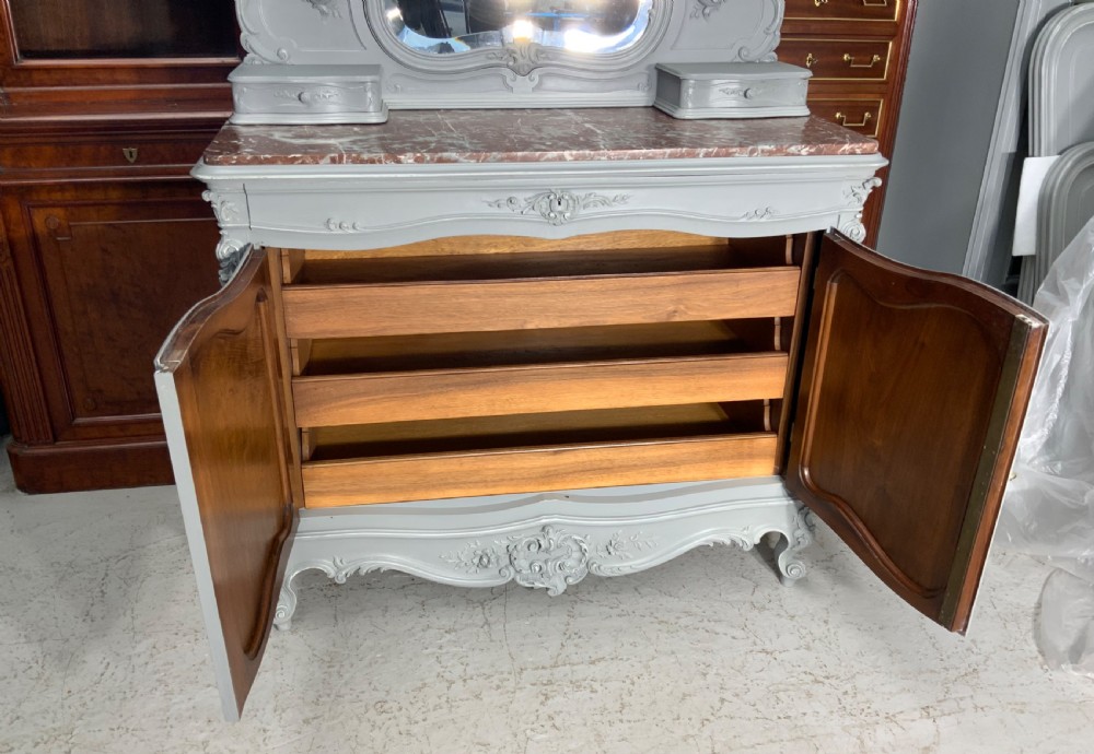 ORNATELY CARVED WALNUT FRENCH DRESSING TABLE IN PLUMMET GREY  View V