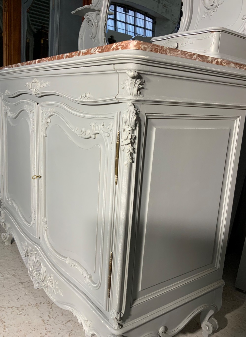 ORNATELY CARVED WALNUT FRENCH DRESSING TABLE IN PLUMMET GREY  View VII