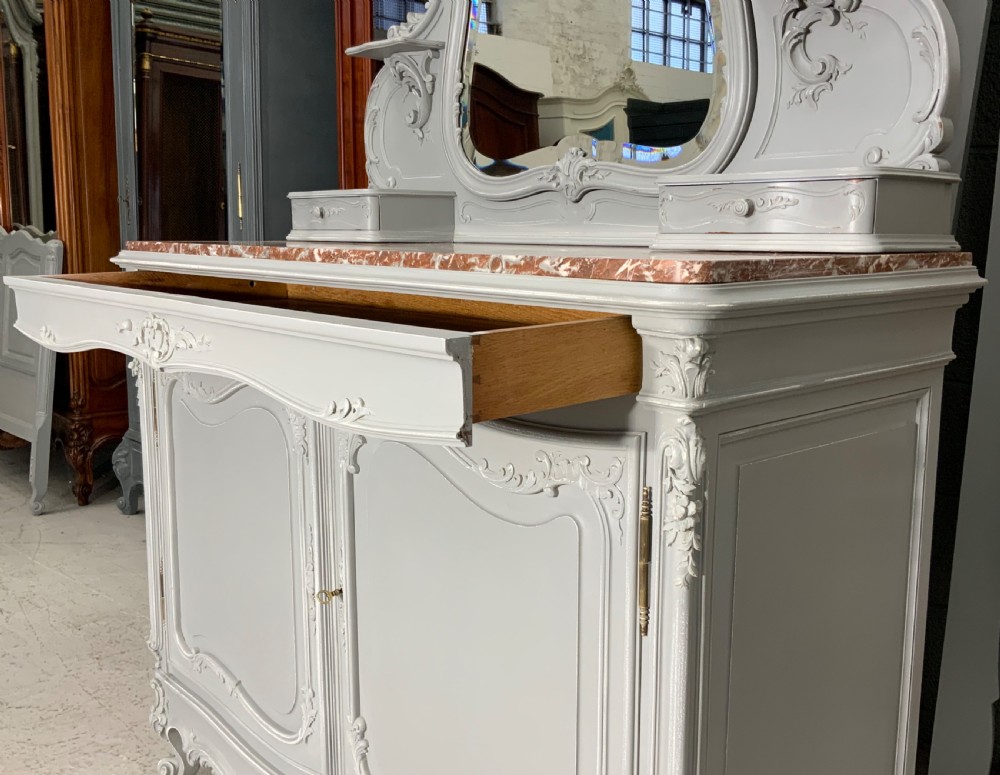 ORNATELY CARVED WALNUT FRENCH DRESSING TABLE IN PLUMMET GREY  View XII