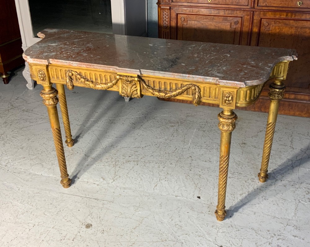 LARGE FRENCH MARBLE TOPPED GILT CONSOLE TABLE 