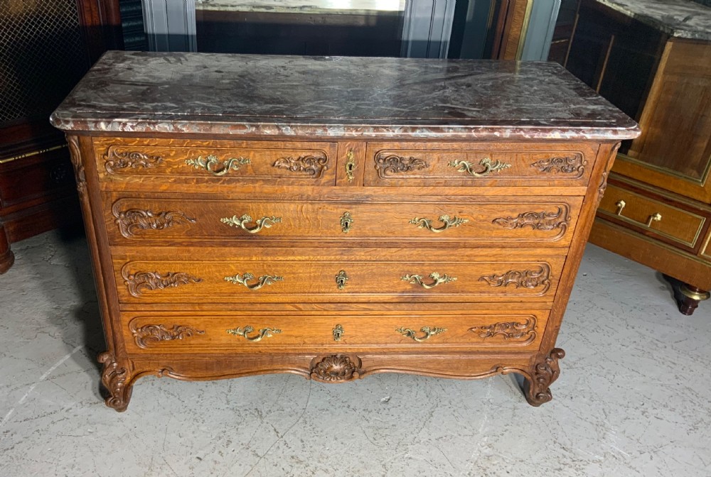 CARVED OAK FRENCH MARBLE TOPPED COMMODE 