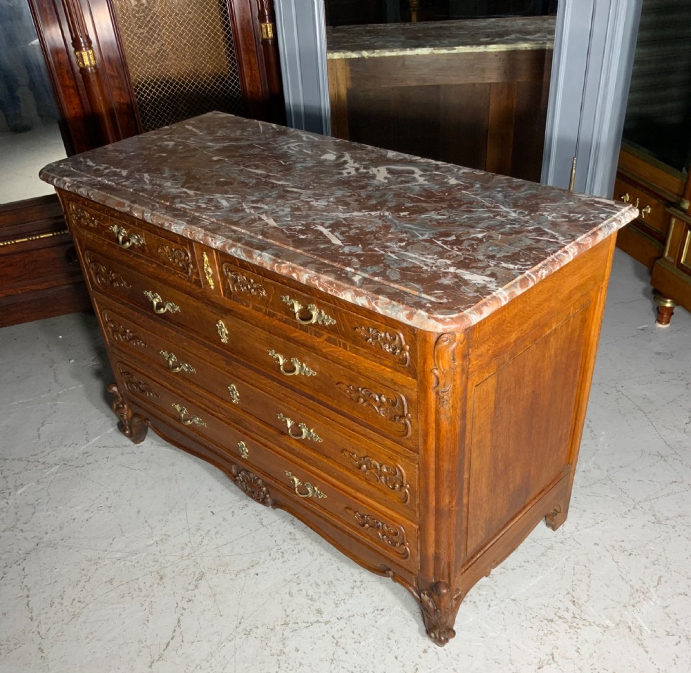 CARVED OAK FRENCH MARBLE TOPPED COMMODE  View II