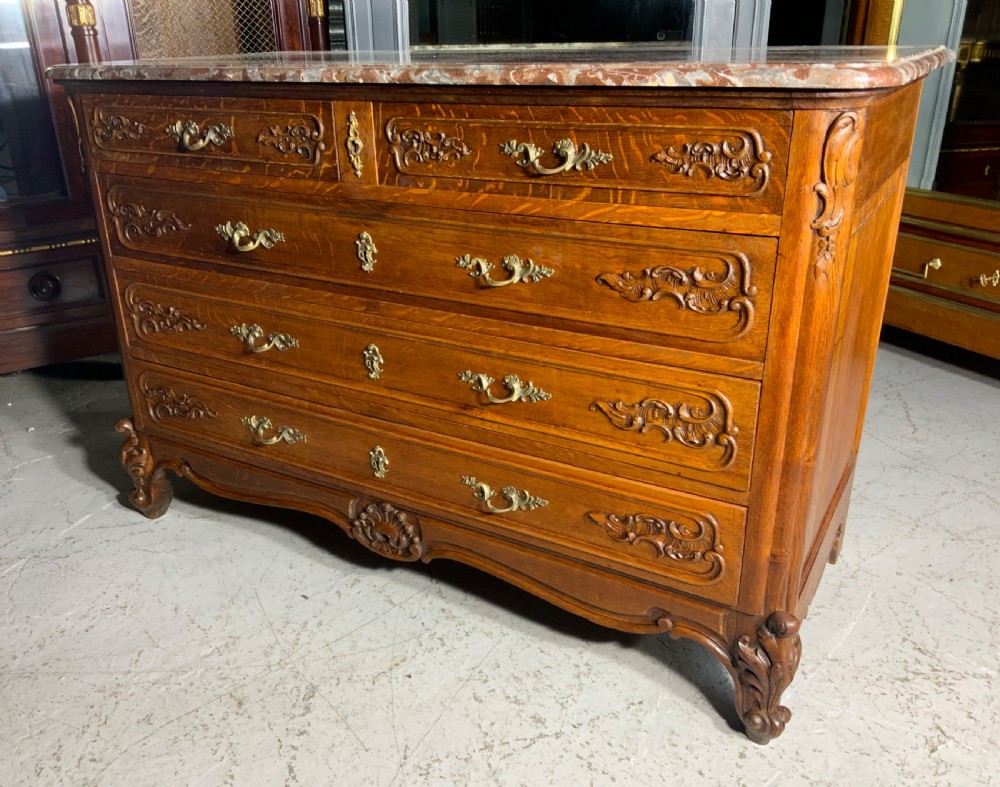 CARVED OAK FRENCH MARBLE TOPPED COMMODE  View V