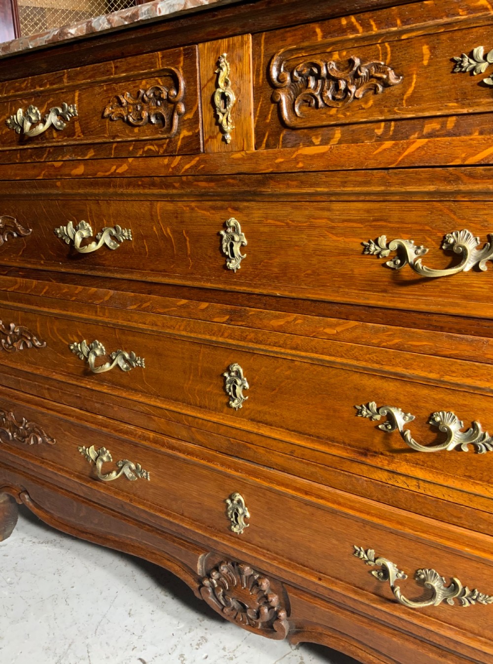 CARVED OAK FRENCH MARBLE TOPPED COMMODE  View VI