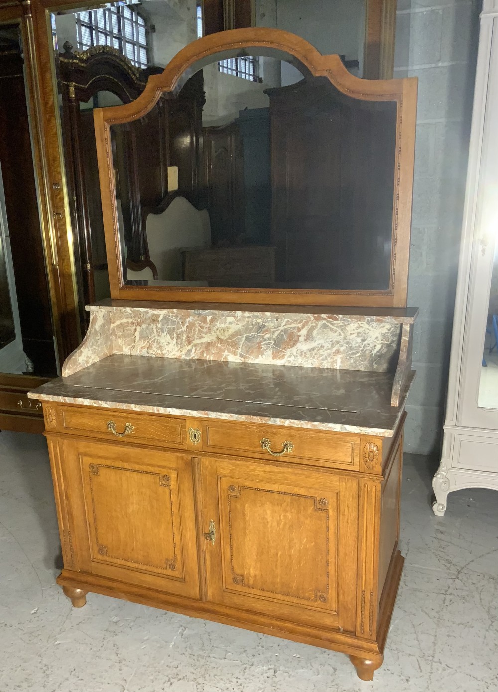 CARVED OAK FRENCH MARBLE TOPPED DRESSING TABLE 
