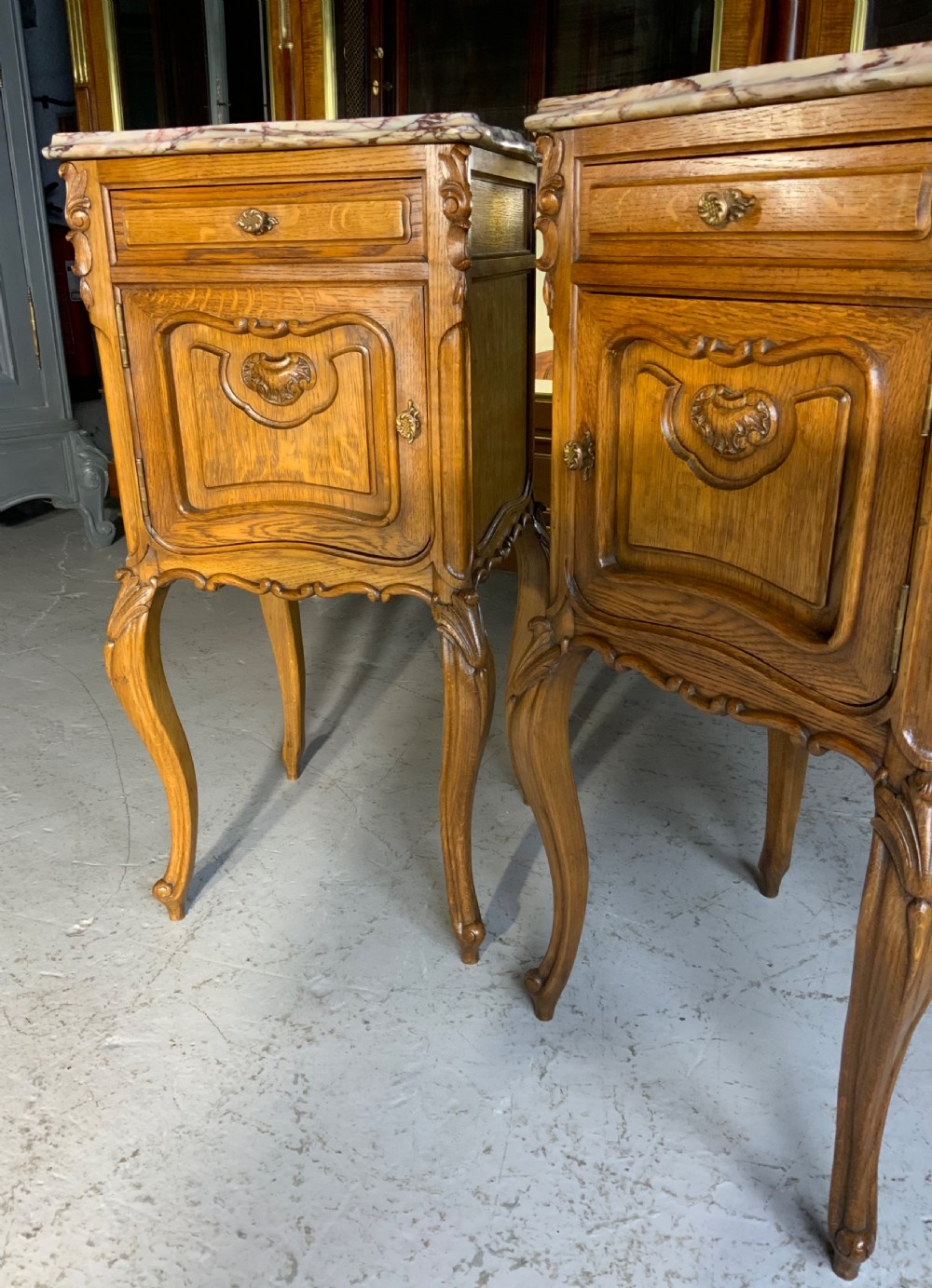 CARVED OAK PAIR OF FRENCH BEDSIDE CABINETS  View V