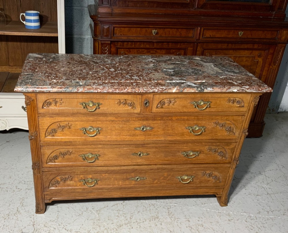 CARVED OAK FRENCH MARBLE TOPPED CHEST OF DRAWERS  View III