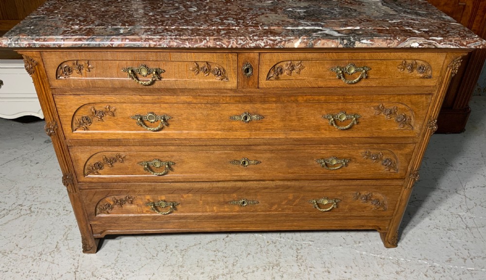 CARVED OAK FRENCH MARBLE TOPPED CHEST OF DRAWERS  View V