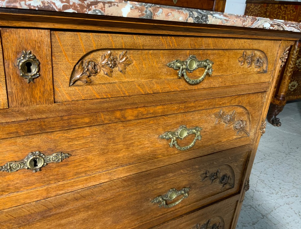 CARVED OAK FRENCH MARBLE TOPPED CHEST OF DRAWERS  View VII