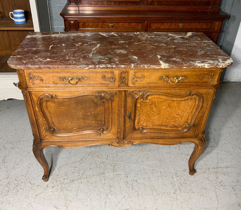 CARVED OAK FRENCH MARBLE TOPPED SIDEBOARD 