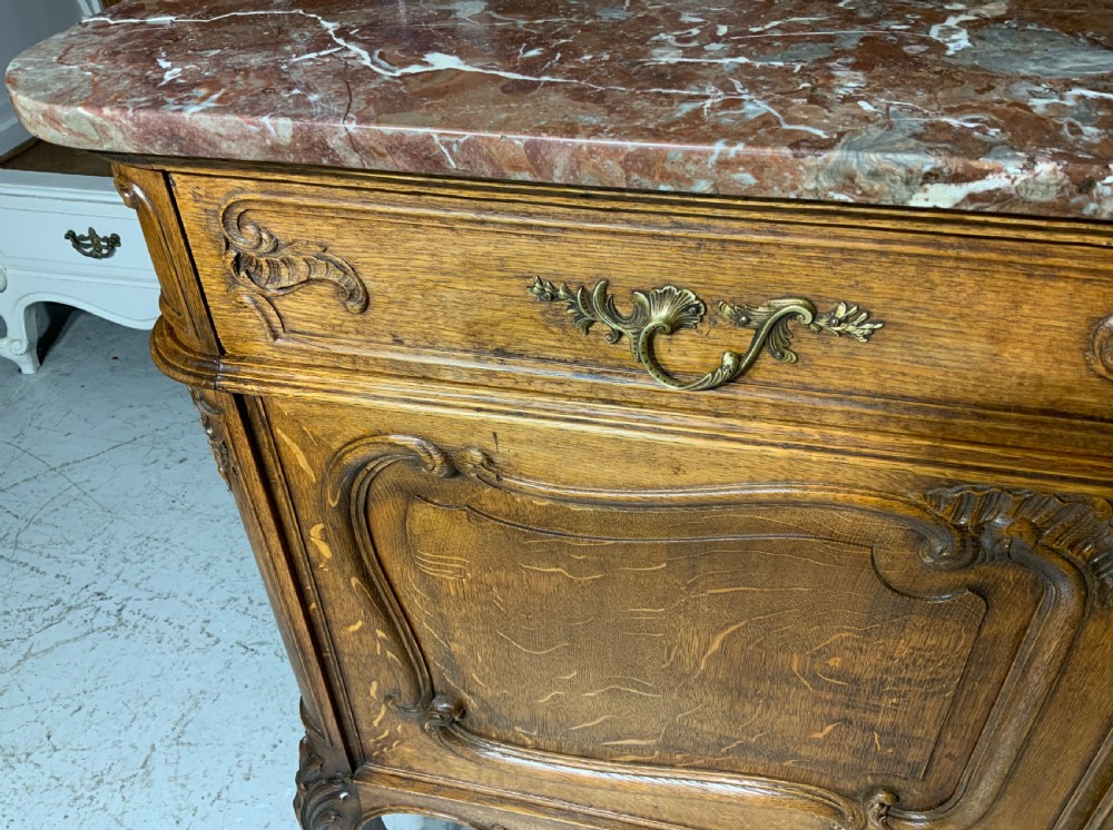 CARVED OAK FRENCH MARBLE TOPPED SIDEBOARD  View V