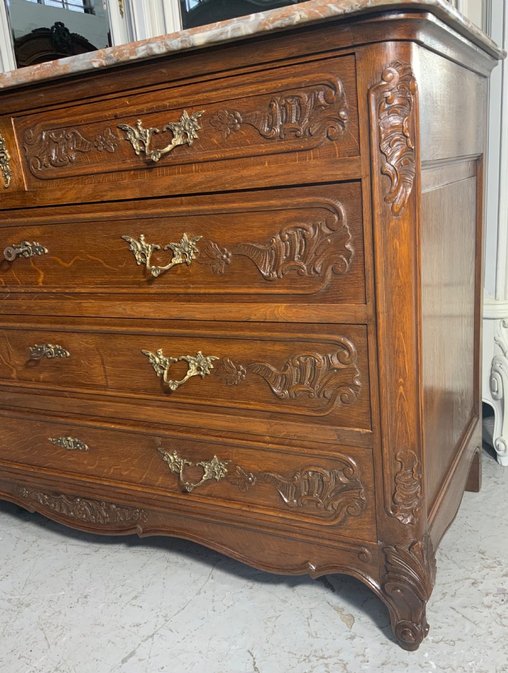 CARVED OAK MARBLE TOPPED FRENCH COMMODE  View III