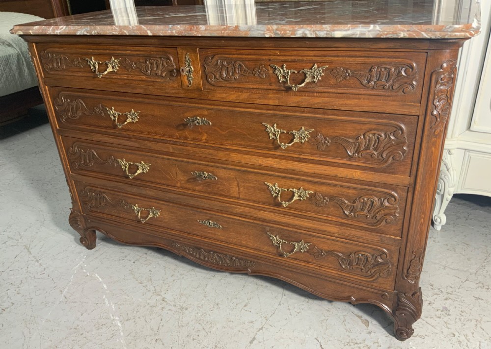 CARVED OAK MARBLE TOPPED FRENCH COMMODE  View VI
