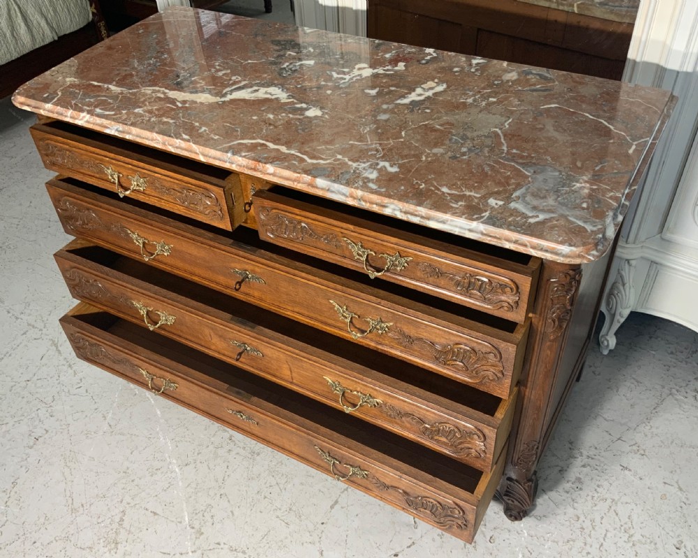 CARVED OAK MARBLE TOPPED FRENCH COMMODE  View X