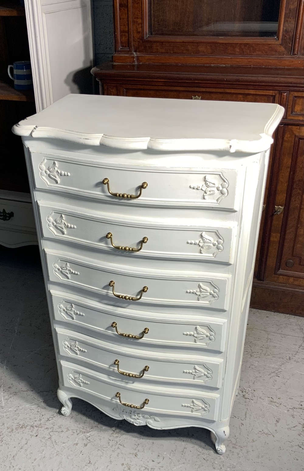 painted french carved oak chest of drawers - CATEGORY: ANTIQUE CHEST OF DRAWERS - DATED 1920