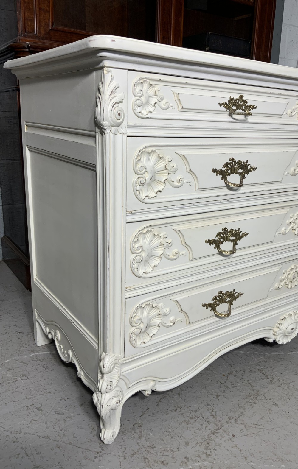 STUNNING CARVED PAINTED FRENCH COMMODE  View V