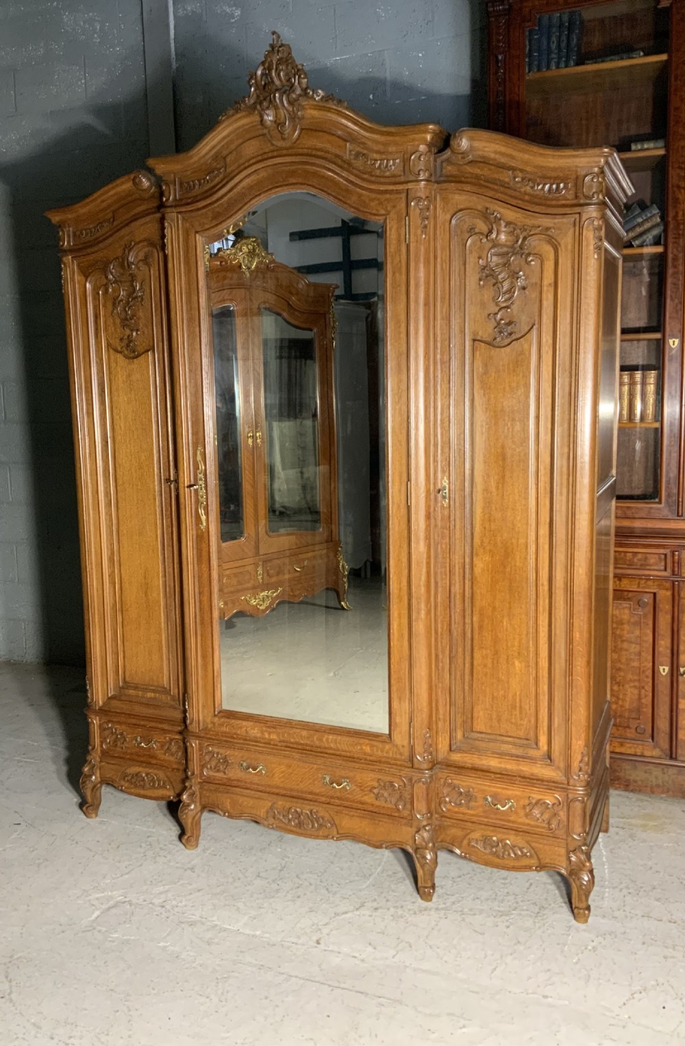CARVED OAK FRENCH TRIPLE ARMOIRE 