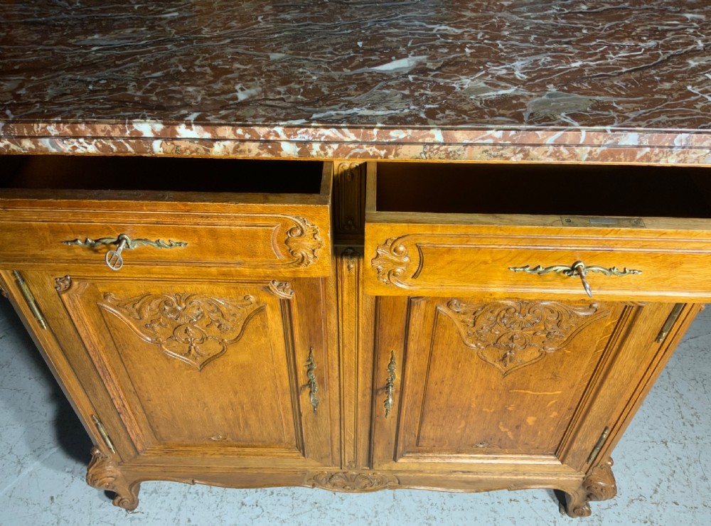 MARBLE TOPPED CARVED OAK FRENCH SIDEBOARD View II