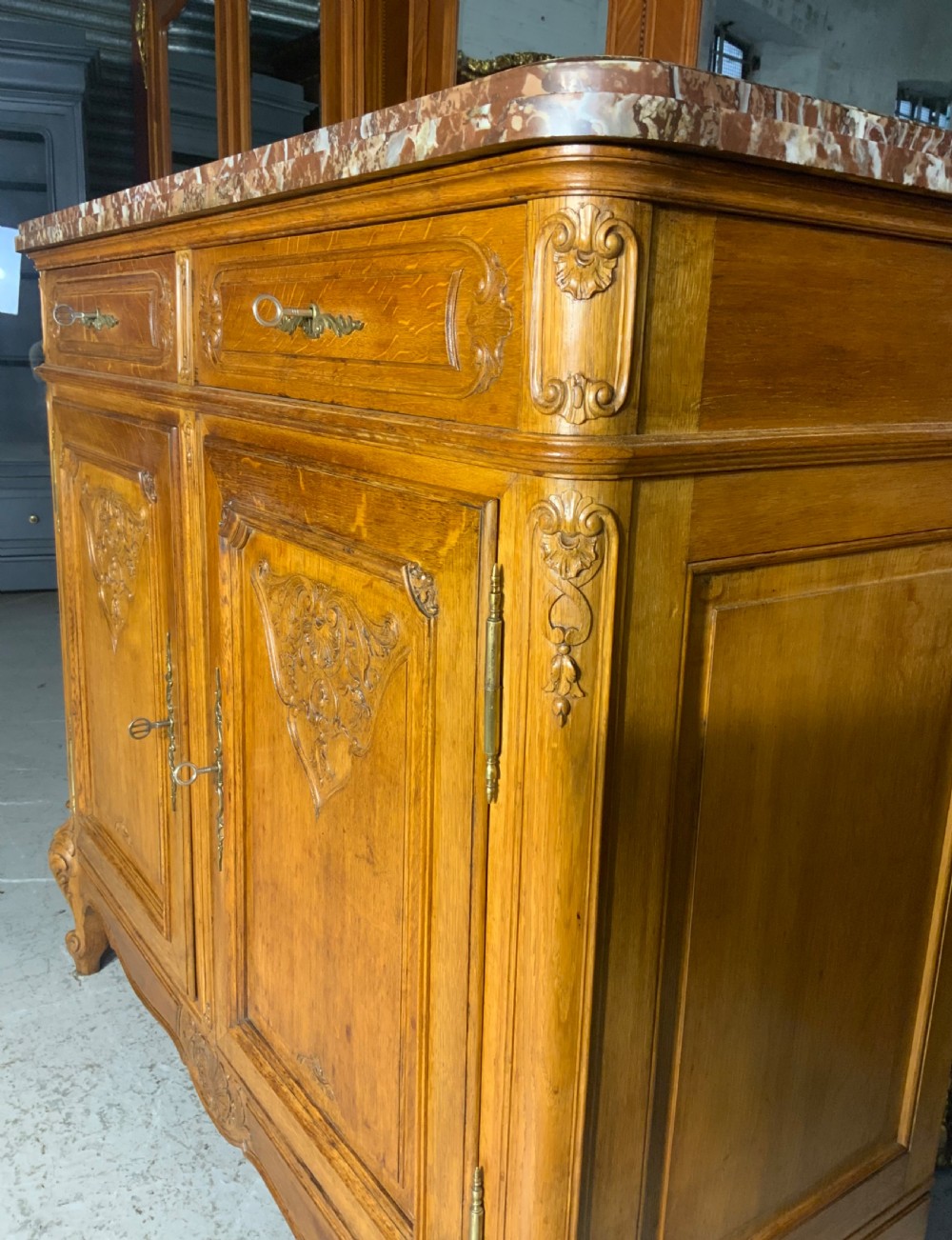 MARBLE TOPPED CARVED OAK FRENCH SIDEBOARD View IV