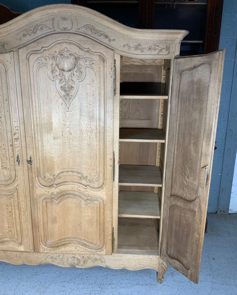 CARVED FRENCH BLEACHED OAK ARMOIRE  View VIII