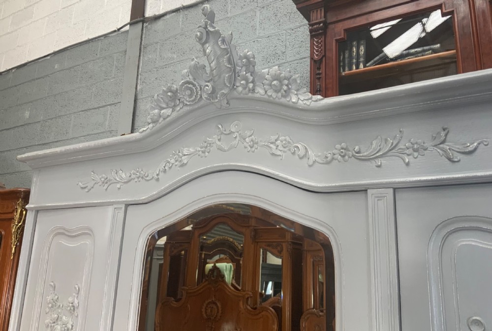 CARVED FRENCH TRIPLE ARMOIRE IN PLUMMET GREY View II
