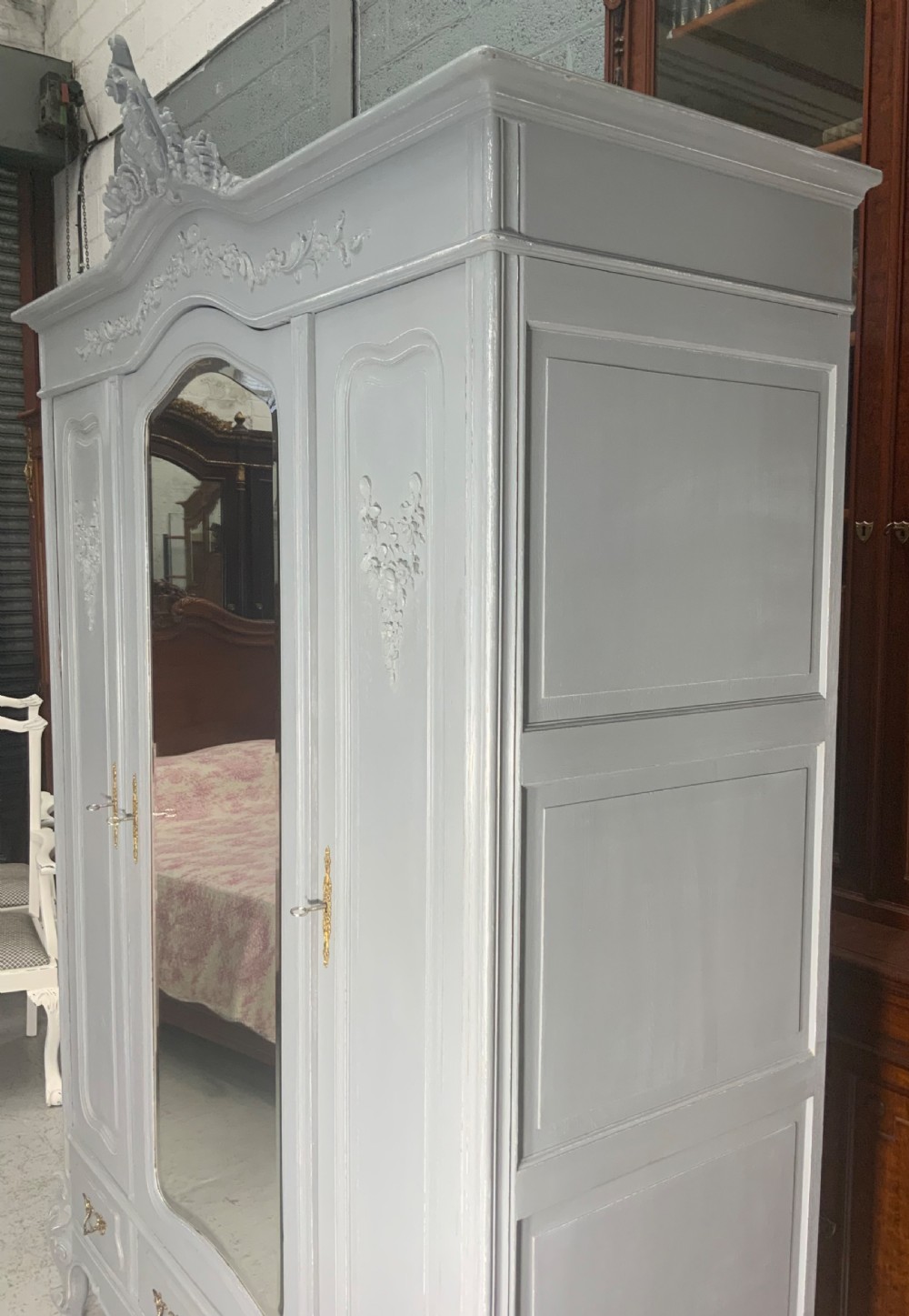 CARVED FRENCH TRIPLE ARMOIRE IN PLUMMET GREY View VII