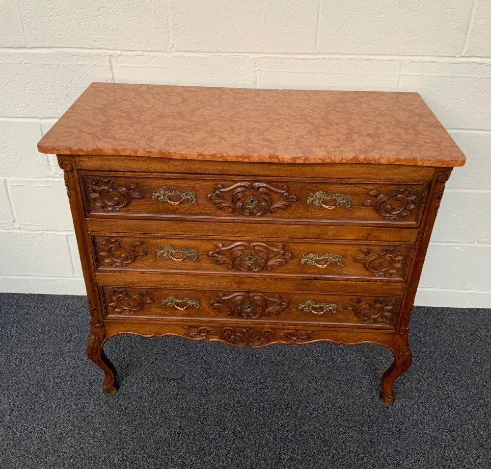 MARBLE TOPPED CARVED OAK FRENCH CHEST OF DRAWERS 