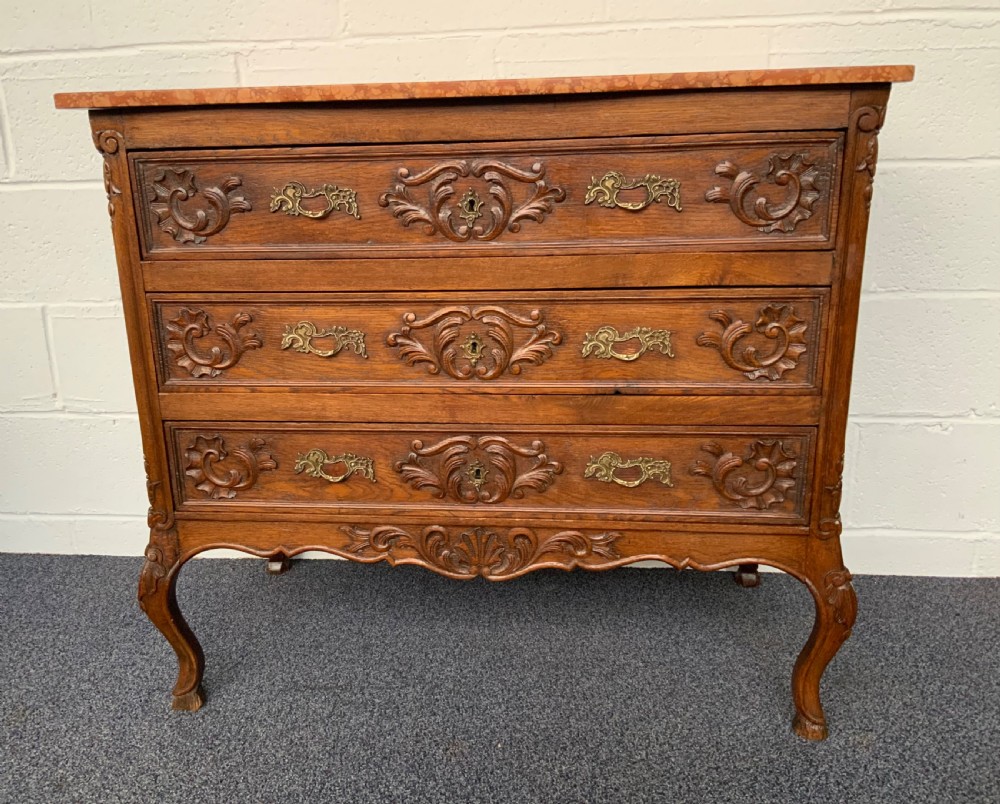 MARBLE TOPPED CARVED OAK FRENCH CHEST OF DRAWERS  View II