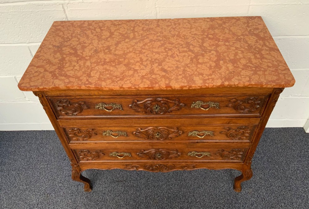 MARBLE TOPPED CARVED OAK FRENCH CHEST OF DRAWERS  View III