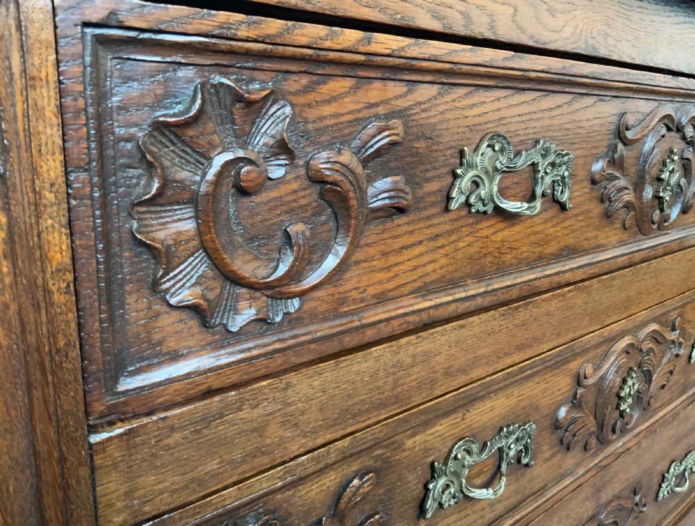 MARBLE TOPPED CARVED OAK FRENCH CHEST OF DRAWERS  View VI