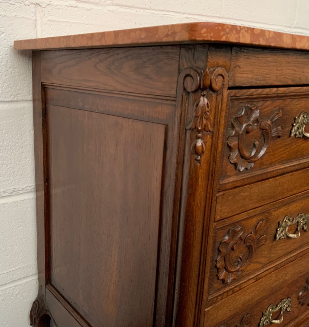 MARBLE TOPPED CARVED OAK FRENCH CHEST OF DRAWERS  View VII