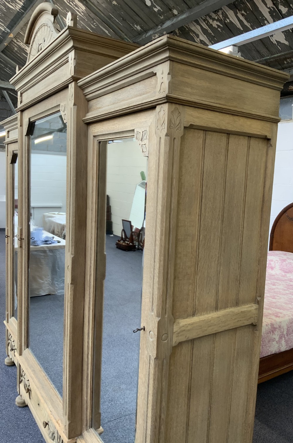 LARGE FRENCH TRIPLE BLEACHED OAK ARMOIRE  View X