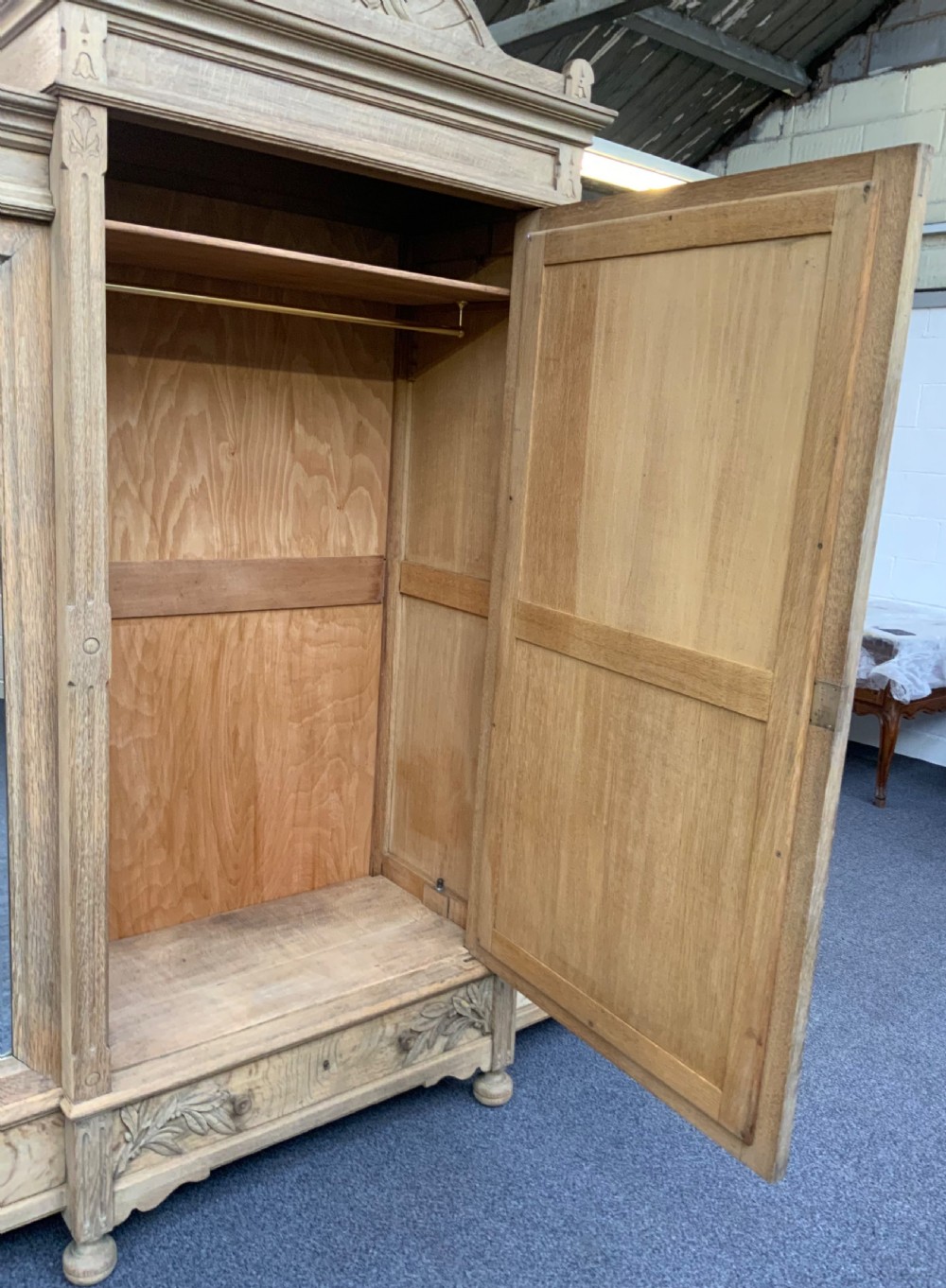 LARGE FRENCH TRIPLE BLEACHED OAK ARMOIRE  View XVI