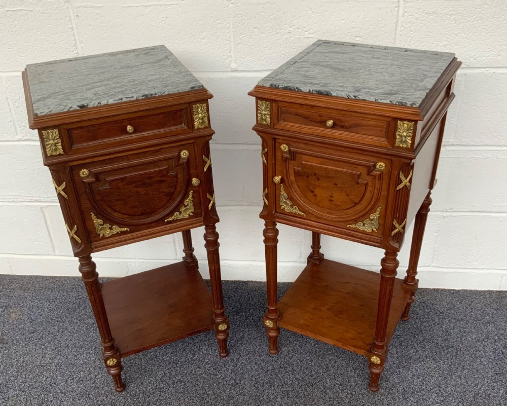 PAIR OF FRENCH BEDSIDE CABINETS WITH BRASS EMBELLISHMENTS 