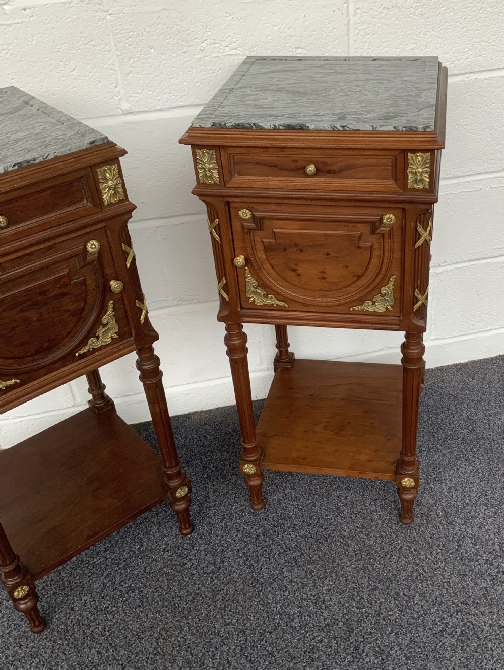 PAIR OF FRENCH BEDSIDE CABINETS WITH BRASS EMBELLISHMENTS  View II