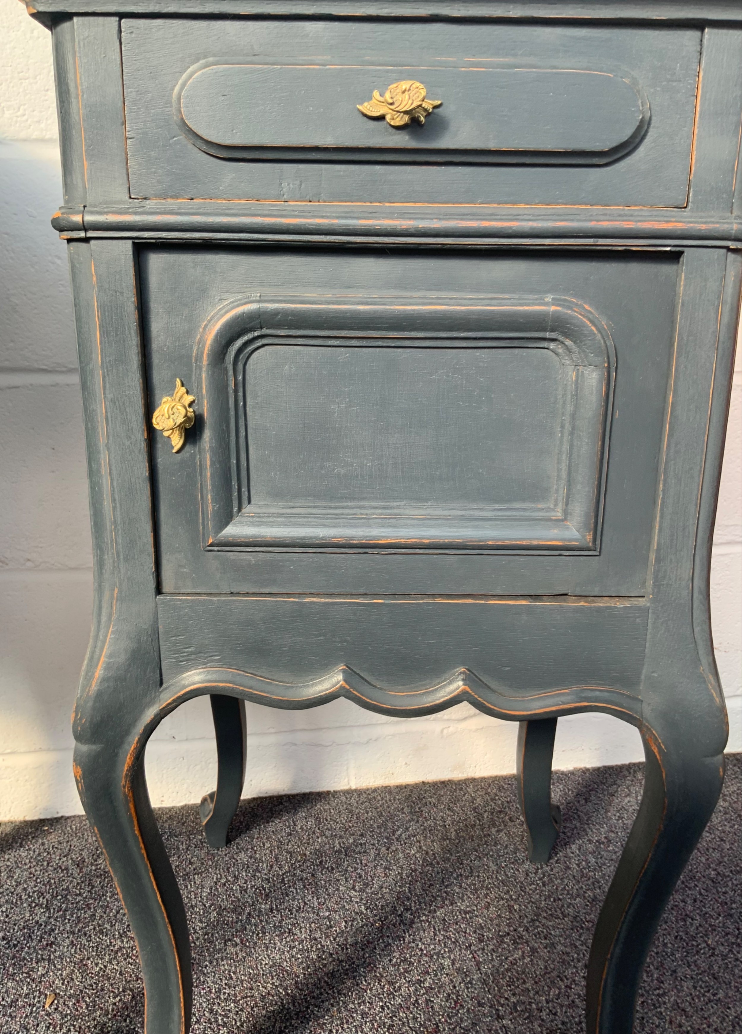 A pair of French bedside cabinets featuring dark grey painted frames, white marble tops, single drawers, cupboard doors, and cabriole legs. View IV