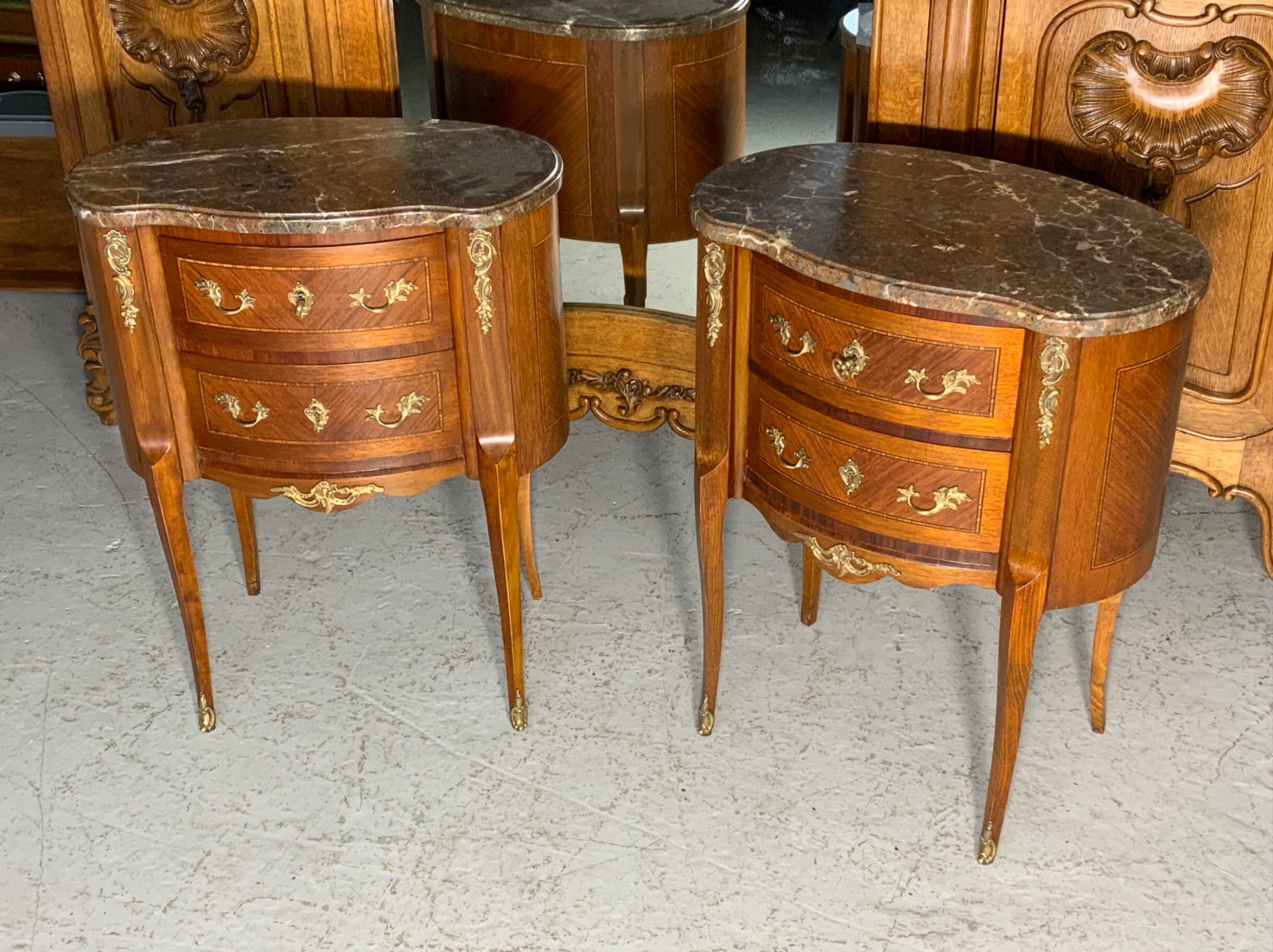 pair of french mahogany inlaid kidney shaped cabinets - CATEGORY: ANTIQUE CUPBOARDS - DATED 1920