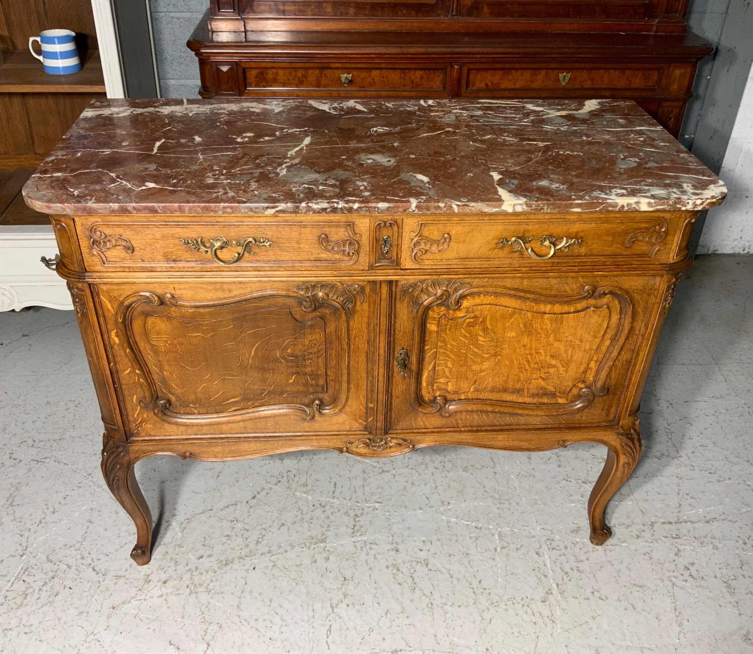 carved oak french marble topped sideboard - CATEGORY: ANTIQUE SIDEBOARDS - DATED 1920