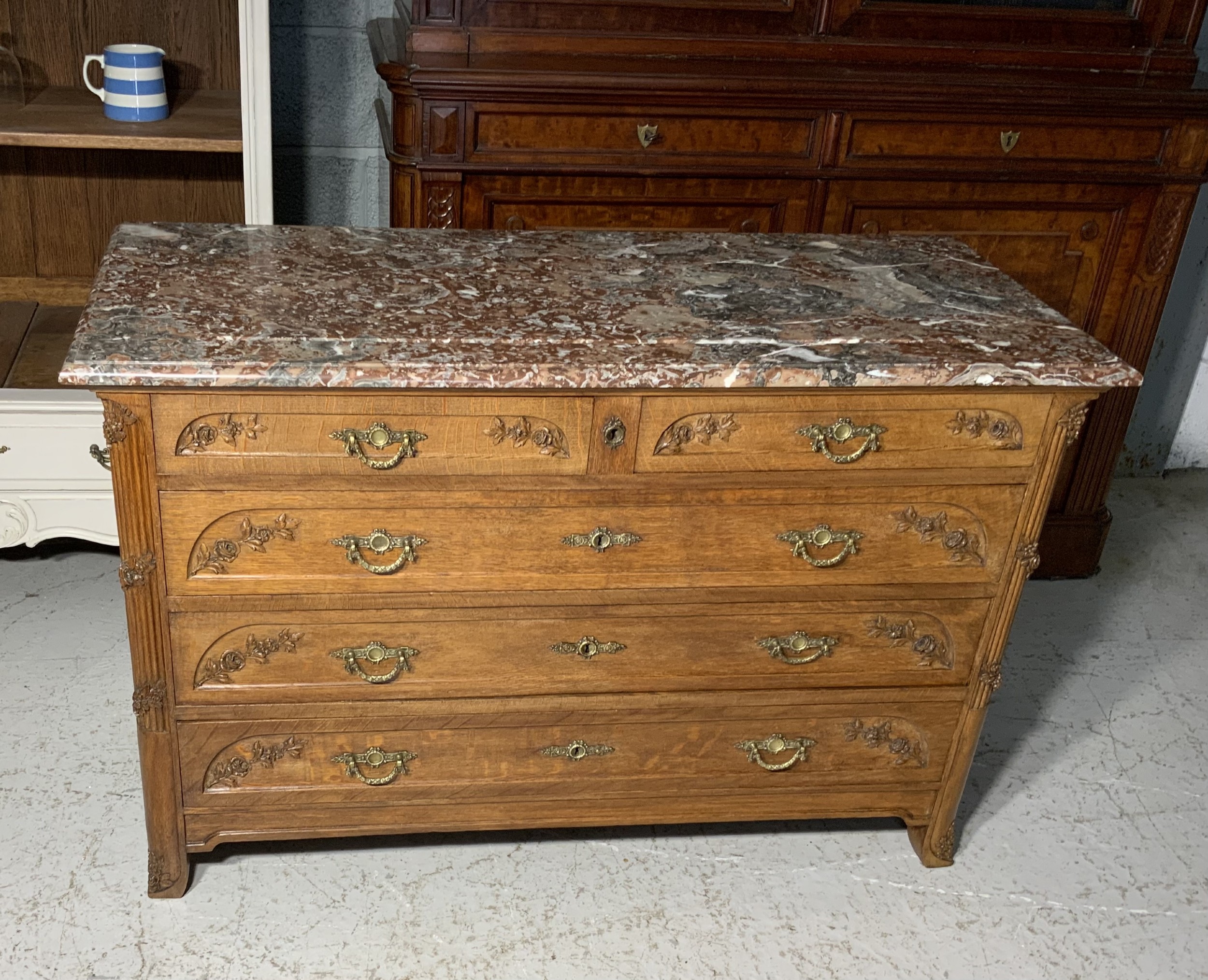 carved oak french marble topped chest of drawers - CATEGORY: ANTIQUE CHEST OF DRAWERS - DATED 1920
