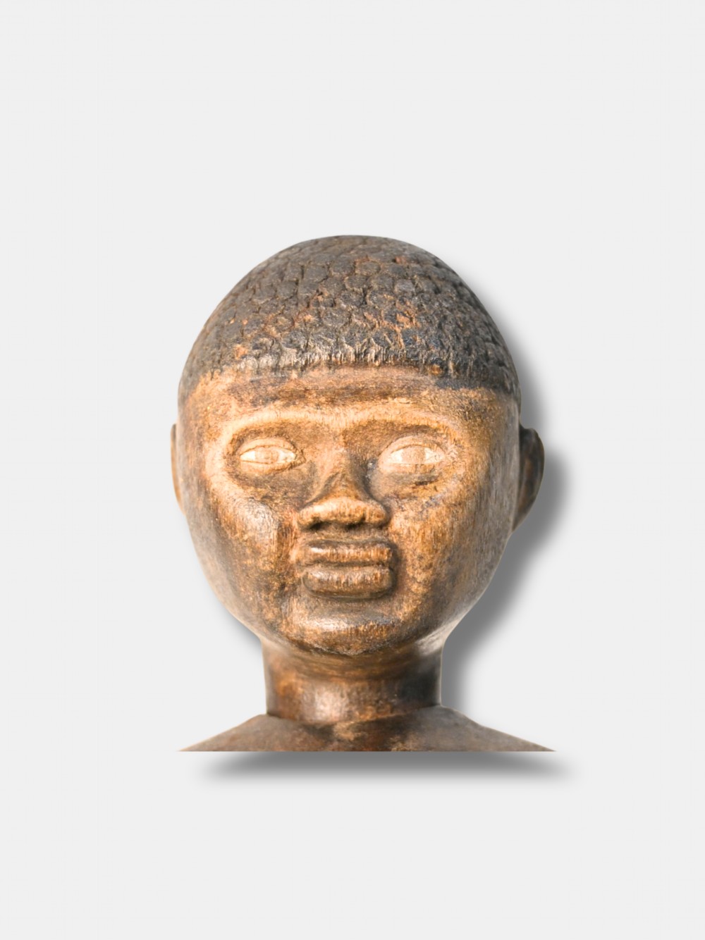 A carved dark wood articulated lay figure standing upright with jointed limbs. View V