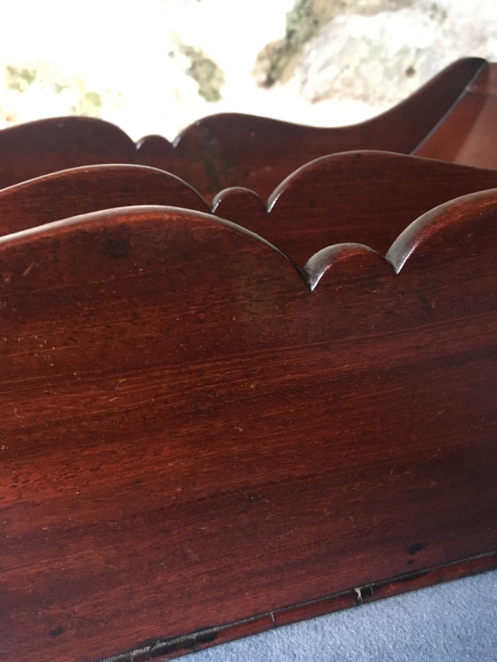 A dark mahogany Georgian cheese coaster featuring a crescent-shaped body with a central divider and scrolled ends set upon a rectangular base. View VIII