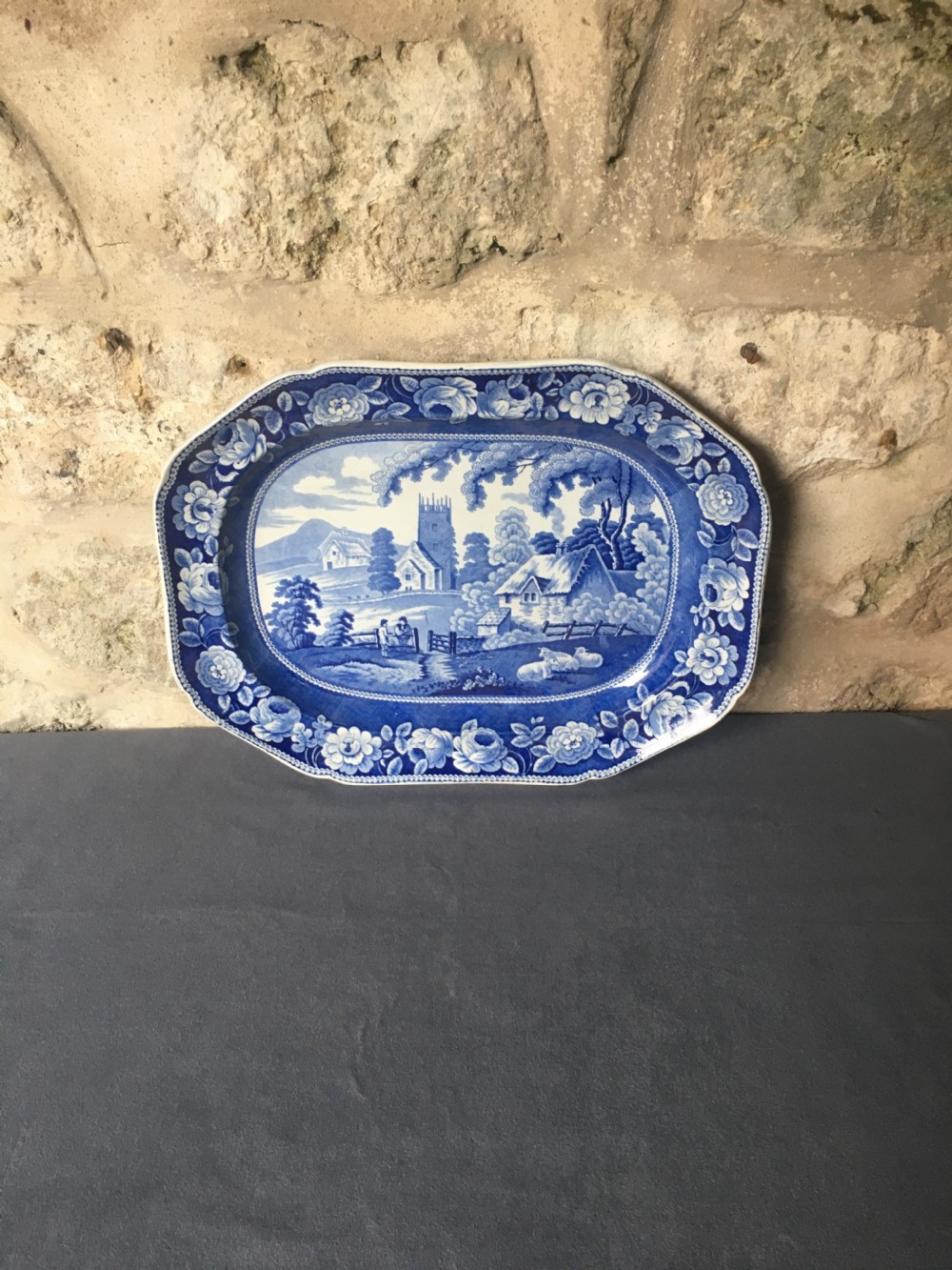 Blue & white meat plate serving platter View II