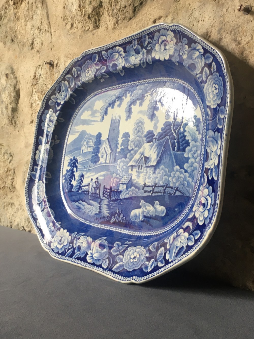 Blue & white meat plate serving platter View V
