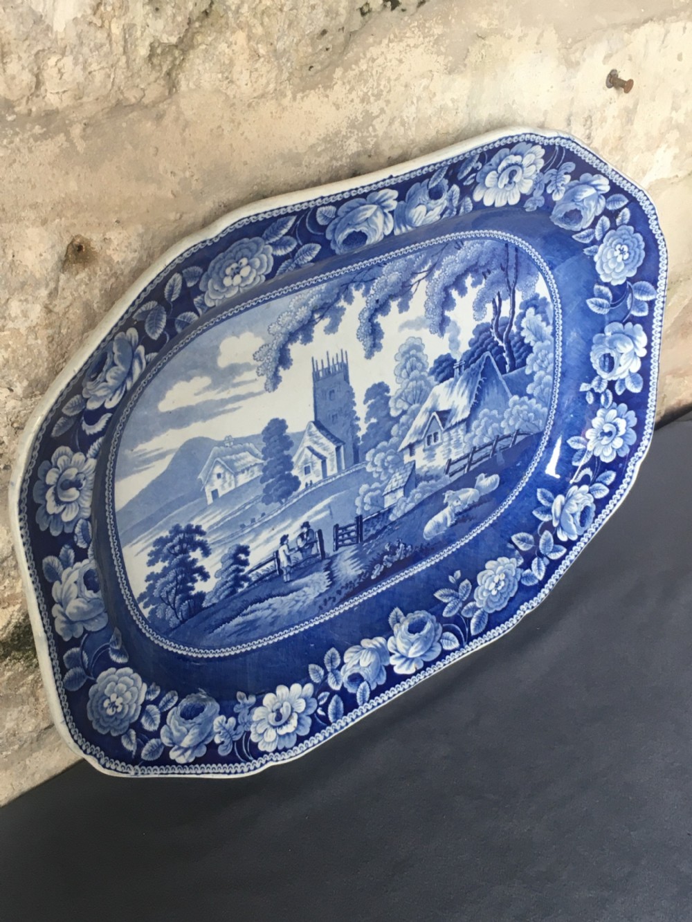 Blue & white meat plate serving platter View IX