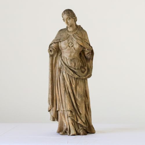 late 18th early 19th century pine carved female figure in cloak - CATEGORY: ANTIQUE SCULPTURES - DATED 1800